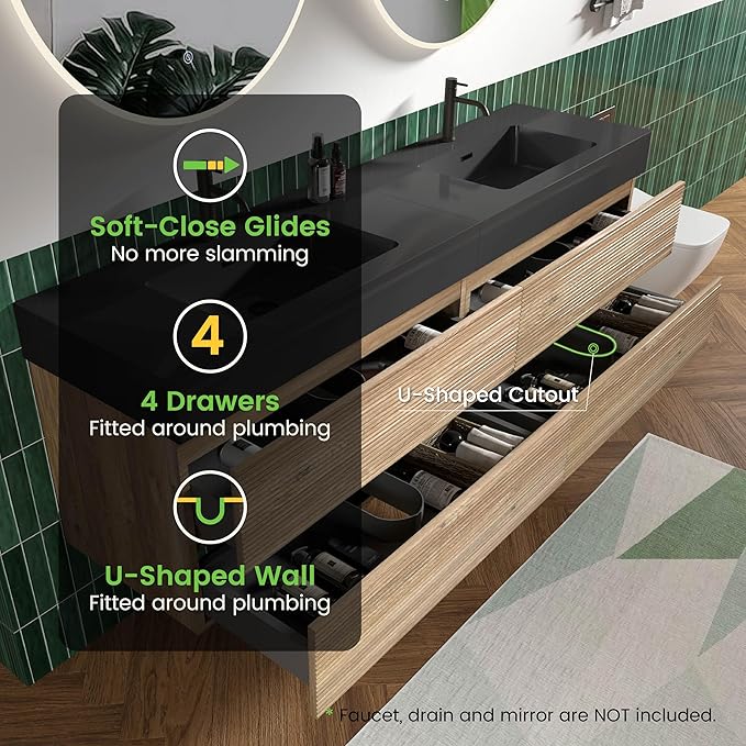 72" Floating Bathroom Vanity with Sink Combo, Modern Floating Double Sink Bathroom Vanity with Black Engineered Stone Tops & 4 Soft-Closing Drawers, Large Storage for Apartment, Hotel, Rough Oak