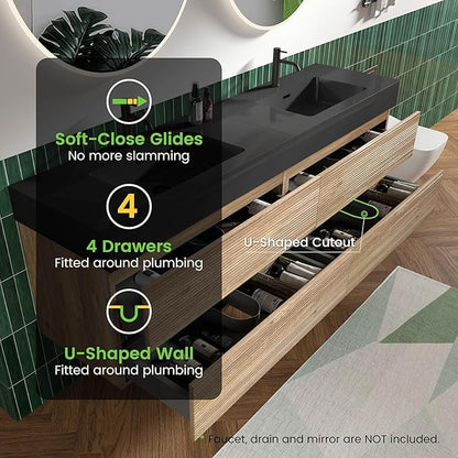 72" Floating Bathroom Vanity with Sink Combo, Modern Floating Double Sink Bathroom Vanity with Black Engineered Stone Tops & 4 Soft-Closing Drawers, Large Storage for Apartment, Hotel, Rough Oak