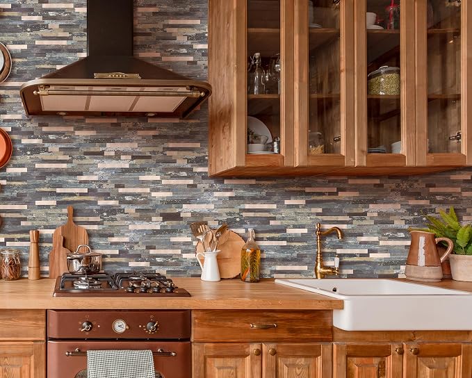 Yipscazo 10 Sheets Peel and Stick Wood Metal Tile Backsplash, Stick on Tiles for Backsplash Kitchen, Bathroom, Laundry Room, Camper, Fireplace (12'' X 12'', Mix Rustic with Gold)