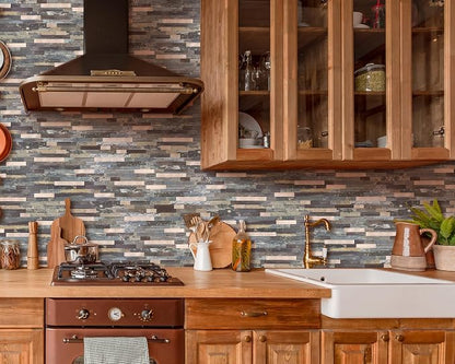 Yipscazo 20 Sheets Peel and Stick Wood Metal Tile Backsplash, Stick on Tiles for Backsplash Kitchen, Bathroom, Laundry Room, Camper, Fireplace (12'' X 12'', Mix Rustic with Gold)