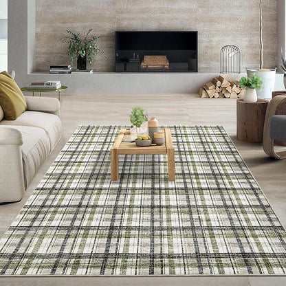 Washable Rug 5x7 Area Rug for Living Room Modern Non Slip Throw Rugs Farmhouse Bedroom Rugs Low Pile Soft Non Shedding Stain Resistant Carpet for Dining Room Nursery 5'x7' Green&Taupe