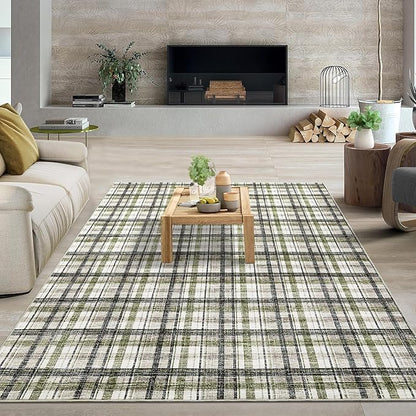 Washable Area Rug 8x10 Rug for Living Room Modern Non Slip Throw Rugs Farmhouse Large Rugs for Bedroom Low Pile Non Shedding Stain Resistant Carpet for Dining Room 8'x10' Green&Taupe