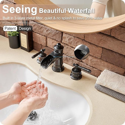 Oil Rubbed Bronze Bathroom Faucet, Brass Waterfall Faucet Widespread Bathroom Sink Faucet 3 Hole, 4-16 Inch Bathroom Faucets with Pop Up Drain 2 Handle & Supply Hose for Hotel Farmhouse Antique