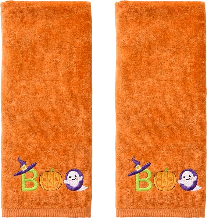 SKL Home Halloween Boo Hand Towel Set-2pc, 100% Cotton, Embroidered, Orange | Soft, decorative velour. Great for the bathroom, kitchen or bar & gifting.