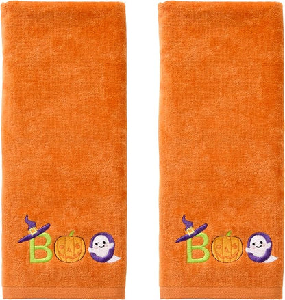 SKL Home Halloween Boo Hand Towel Set-2pc, 100% Cotton, Embroidered, Orange | Soft, decorative velour. Great for the bathroom, kitchen or bar & gifting.