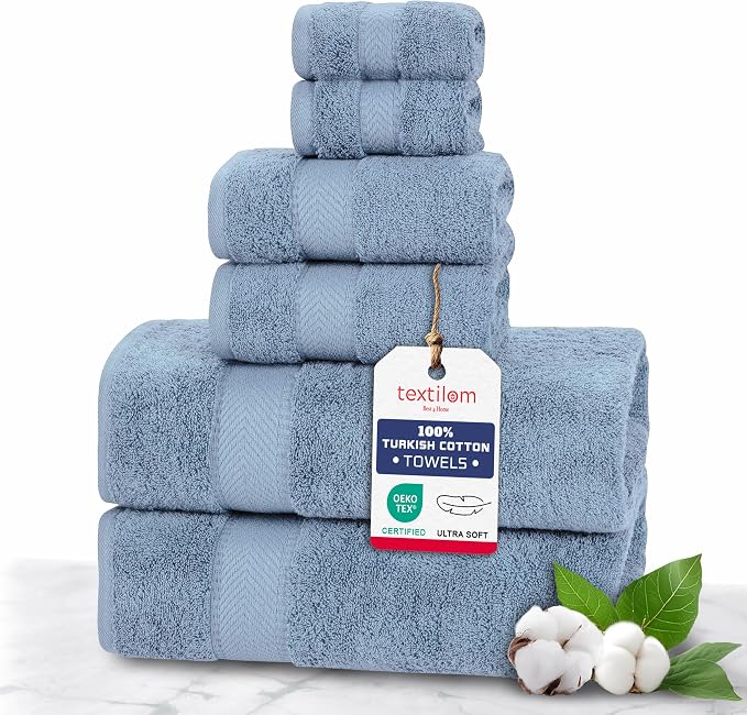 100% Turkish Cotton 6 Pcs Luxury Bath Towels for Bathroom, Soft & Absorbent Bathroom Towels Set (2 Bath Towels, 2 Hand Towels, 2 Washcloths)- Mid Blue