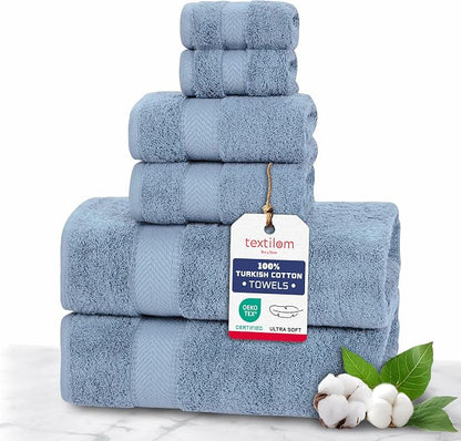 100% Turkish Cotton 6 Pcs Luxury Bath Towels for Bathroom, Soft & Absorbent Bathroom Towels Set (2 Bath Towels, 2 Hand Towels, 2 Washcloths)- Mid Blue
