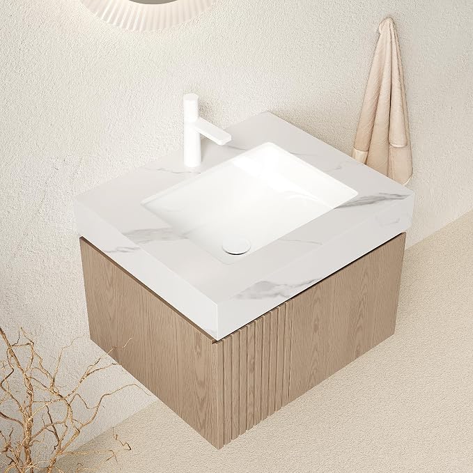 KEIKI 24 Inch Floating Bathroom Vanity with Sink, Light Brown & White | Modern Wall Mounted Storage Cabinet with 2 Doors, Pre-assembled Wood Panels, Sintered Stone Top & Ceramic Basin Combo Set