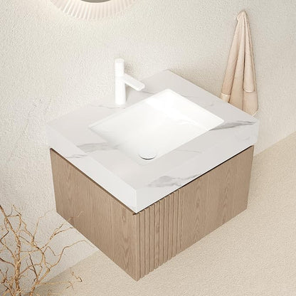 KEIKI 24 Inch Floating Bathroom Vanity with Sink, Light Brown & White | Modern Wall Mounted Storage Cabinet with 2 Doors, Pre-assembled Wood Panels, Sintered Stone Top & Ceramic Basin Combo Set