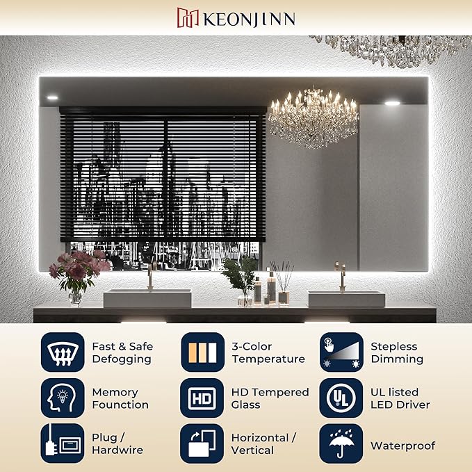 Keonjinn 24" x 36" Backlit Bathroom Mirror with Lights, Safe Tempered Glass | 3 Color Temperature, Auto-OFF Defogging, Dimmable, High Lumen, Memory Function, Hardwired/Plug in, Backlight LED Wall Mirror