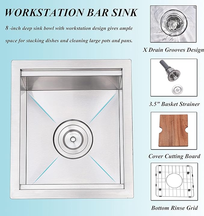 KINGO HOME 13x15 Inch Stainless Steel Small Bar Sink Undermount, RV Sinks Workstation 16 Gauge Ledge RV Kitchen Single Bowl Kitchen Wet Bar Prep Sink with Accessories