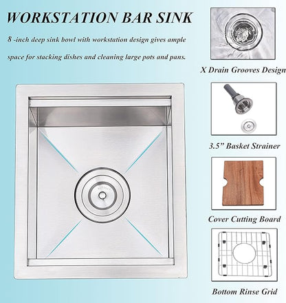 KINGO HOME 13x15 Inch Stainless Steel Small Bar Sink Undermount, RV Sinks Workstation 16 Gauge Ledge RV Kitchen Single Bowl Kitchen Wet Bar Prep Sink with Accessories