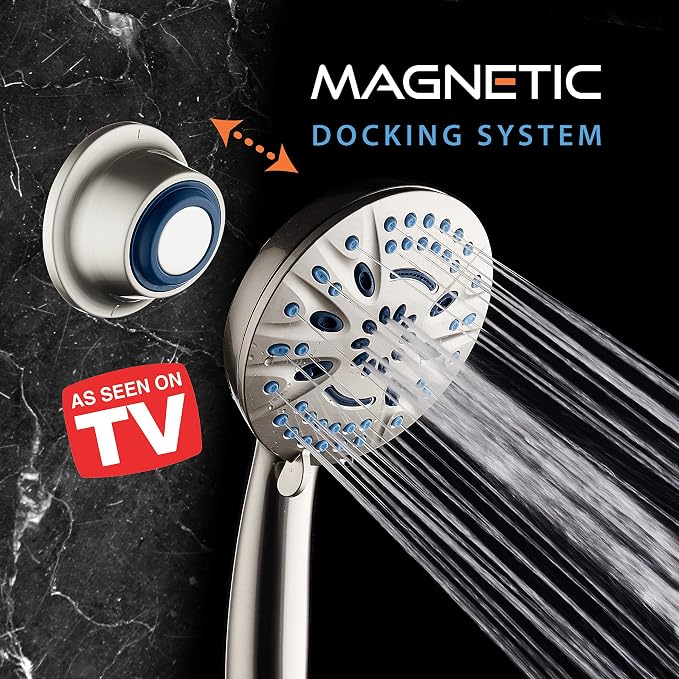 AquaCare Magneton 8-Mode High Pressure Handheld Shower Head with 2 Brackets | Space-age Magnetic Guidance Docking, Giant 5-inch Face with Hygienic Jets, Extra-long 6 ft. Stainless Steel Hose / Nickel