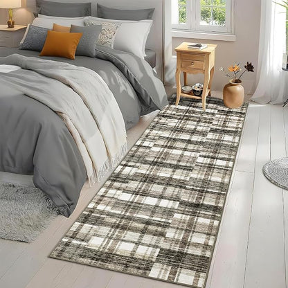Runner Rugs for Hallway 2x6 Bathroom Rug Washable Area Rug Modern Plaid Low Pile Entryway Rug Small Non Slip Kitchen Rugs Stain Resistant Carpet for Laundry Bedroom Entrance, Beige 2'x6'