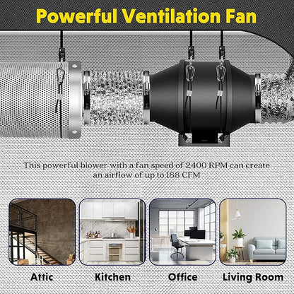 iPower 4 Inch 200 CFM Exhaust Inline Duct Fan with Variable Speed Controller HVAC Blower for Indoor Grow Tents Garden Ventilation, 4", Black