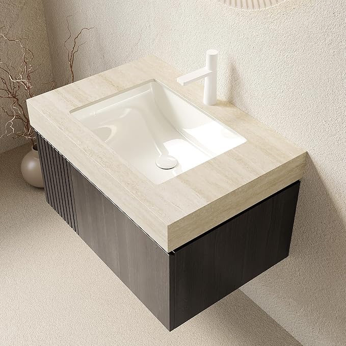 Ambrovina 30" Floating Bathroom Vanity with Sink, Wall Mounted Storage Vanities with Drawer and Door, Roma Travertine-Pattern Countertop and Ceramic Basin, Pre-Assembled Cabinet, Espresso Woodgrain