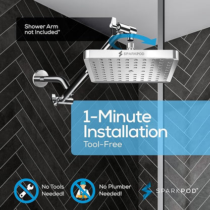 SparkPod Rain Shower Head, 8 Inch Square, Luxury Polished Chrome Finish | High Pressure Shower Heads, 90 Nozzles, Adjustable Showerhead, No Tools Needed, Universal Connection