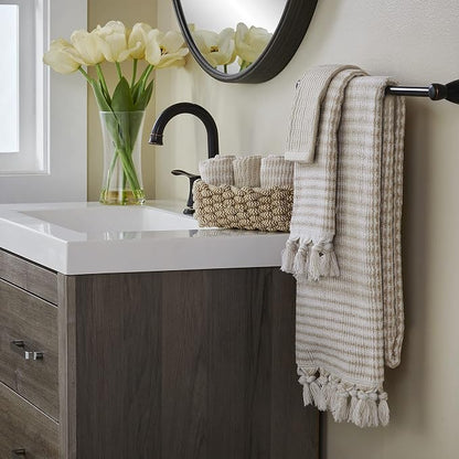 SKL Home Longborough Bath Towel, 100% Turkish Cotton, Tan | 640 GSM weight. Spa-level quality. Soft & absorbent jacquard with hand-knotted tassels.