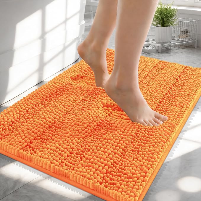 OLANLY Thick Small Bathroom Rugs 24x16, Soft Chenille Bath Rugs, Orange | Rubber Backing, Machine Wash, Extra Absorbent Striped Bath Mats for Bathroom Floor, Tub and Shower, Home Decor Accessories