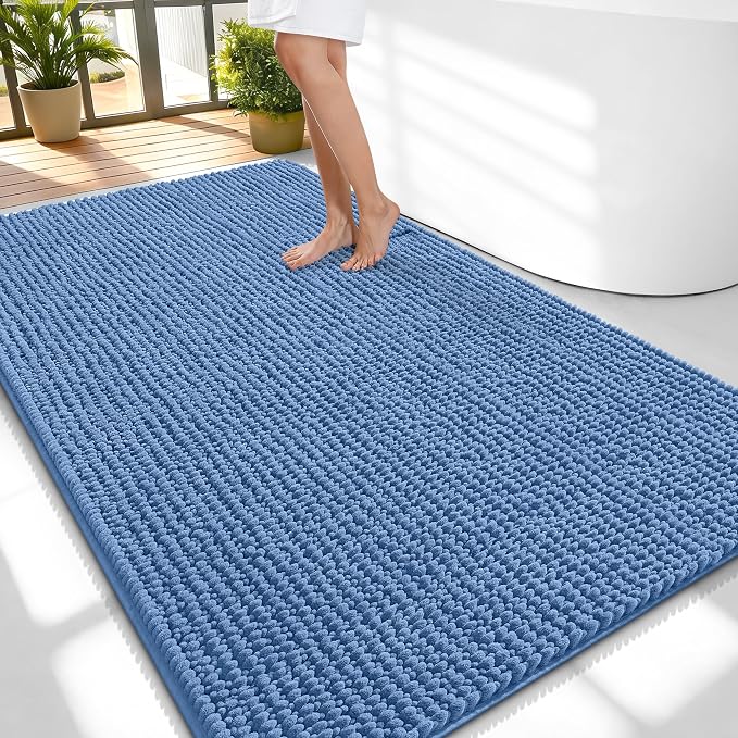OLANLY Thick Chenille Large Bathroom Rugs Mats 59x35, Cornflower Blue | Soft Absorbent Bath Rugs, Rubber Backing, Machine Wash Dry, Bath Mats for Bathroom, Tub and Shower, Home Decor Accessories
