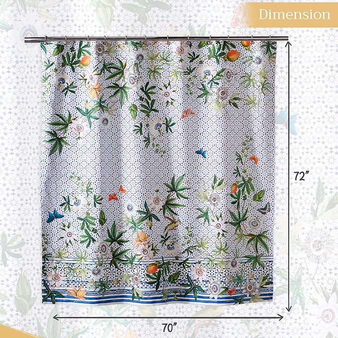 Maison d' Hermine Shower Curtain 100% Cotton One Panel 70"x72" Washable Fabric Shower Curtains for Bathroom, Easy Hanging with 12 Button Holes - Home Hotel Spa Easter Gifts (Passiflora)