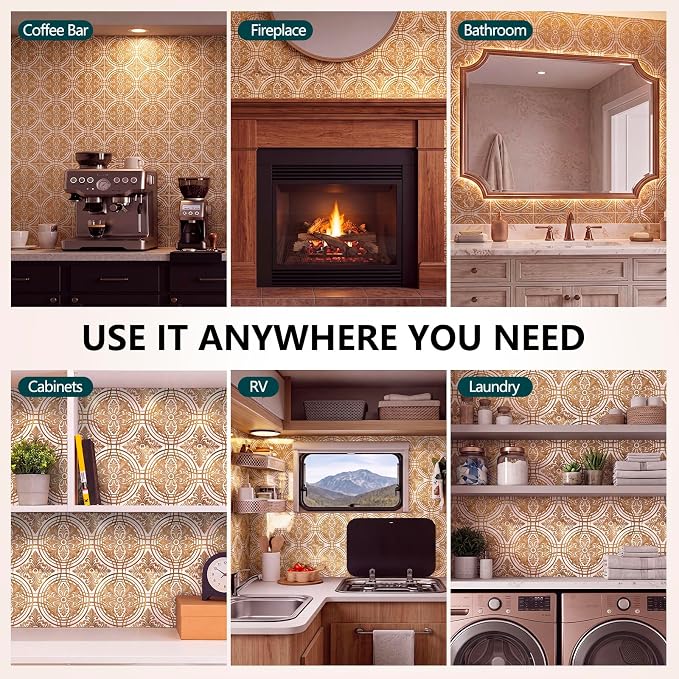 48 Pack 3D Metallic Peel and Stick Backsplash Tiles, 8"x8" Self Adhesive Wall Panels for Kitchen Bathroom, Waterproof Decorative Tiles for Renters and DIY, Easy Install, Cream Gold Relief Floral