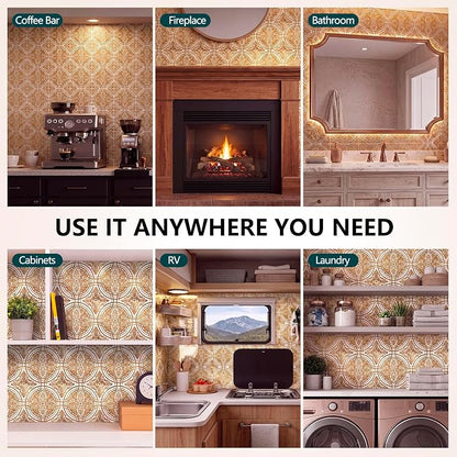 48 Pack 3D Metallic Peel and Stick Backsplash Tiles, 8"x8" Self Adhesive Wall Panels for Kitchen Bathroom, Waterproof Decorative Tiles for Renters and DIY, Easy Install, Cream Gold Relief Floral