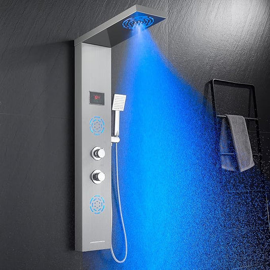 POPFLY Shower Panel Tower with LED Mist Shower Rainfall Head ＆ 2 Body Jets with LED, Tub Spout and Temperature Display, No Battery Needed Shower Tower Column System, Brushed