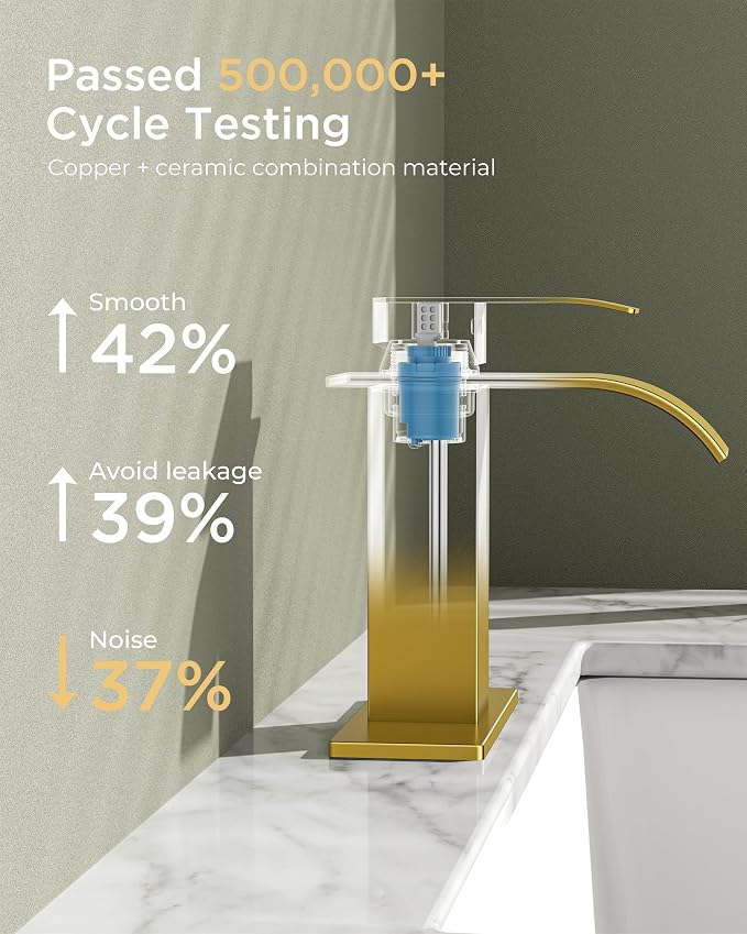 FORIOUS Bathroom Faucet 1 Hole, Waterfall Vanity Sink Faucet Brushed Gold | Bathroom Sink Faucet 1 or 3 Hole, Square Single Handle with 24" cUPC Supply Line and Pop-up Drain, Fits RV Restroom Basin