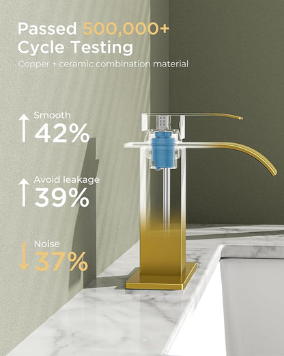 FORIOUS Bathroom Faucet 1 Hole, Waterfall Vanity Sink Faucet Brushed Gold | Bathroom Sink Faucet 1 or 3 Hole, Square Single Handle with 24" cUPC Supply Line and Pop-up Drain, Fits RV Restroom Basin