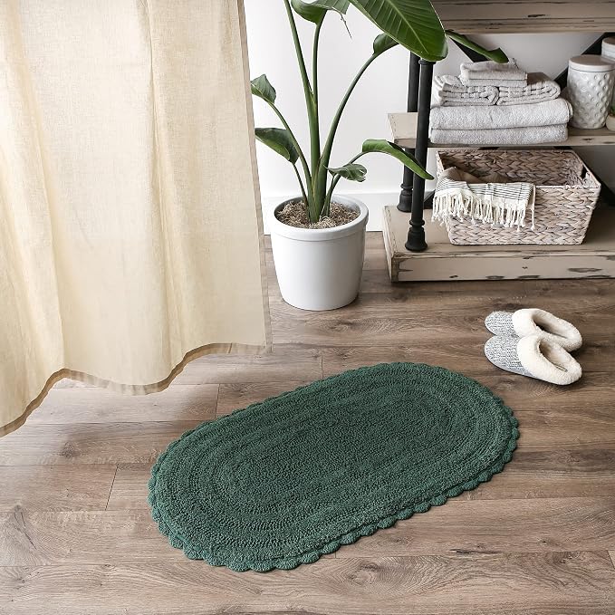 DII Crochet Collection Reversible Bath Mat, Large Oval, 21x34, Dark Green