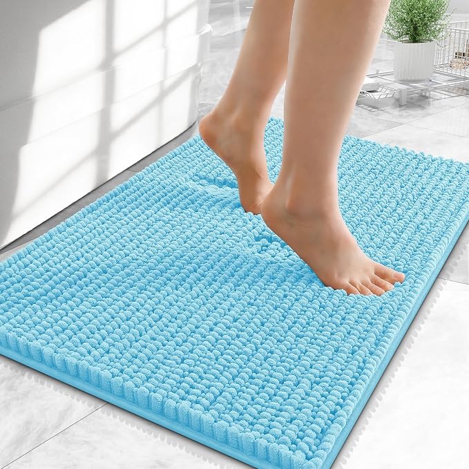 OLANLY Thick Chenille Small Bathroom Rugs Mats 24x16, Sky Blue | Soft Absorbent Bath Rugs, Rubber Backing, Machine Wash Dry, Bath Mats for Bathroom, Tub and Shower, Home Decor Accessories