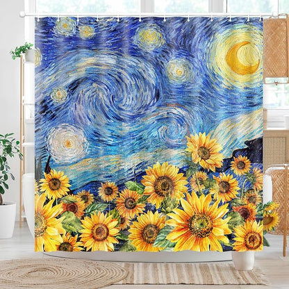 Shower Curtain Starry Night Sunflowers Van Gogh Inspired Art Decor 72x72 | Shower Curtain for Bathroom Waterproof Washable Bath Curtains with Hooks Home Office Farmhouse Bathroom