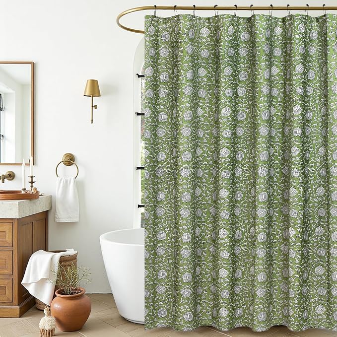 MUGINYU Sage Green Floral Shower Curtain Vintage Block Print - 72x72 Inches,Cotton Blend Cloth Fabric Farmhouse Decorative French Country Bathroom Decor, Cottagecore Aesthetic Pattern