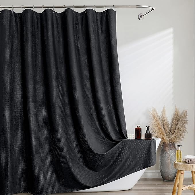 Extra Long Black Shower Curtain 96 Inch Long 1 Piece, Waffle Embossed Textured Fabric Shower Curtain for Bathroom Large Hotel, Water Resistant, Machine Washable, 72Wx96L Inches