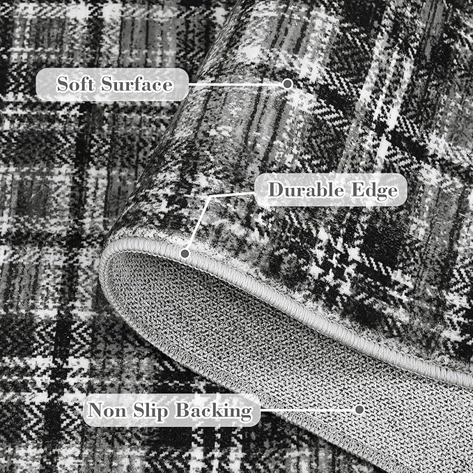 Tartan Plaid Washable Runner Rug 2.5x12 Non Slip Kitchen Rugs Modern Indoor Entryway Rug Soft Bath Mat Stain Resistant Carpet for Bedroom Hallway Laundry Black