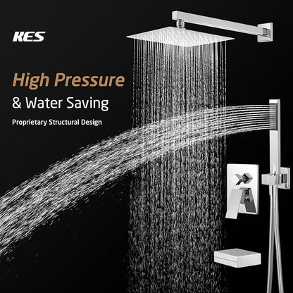 KES Chrome Shower System with Tub Spout Bath Shower Faucet Set 10 Inch Rain Shower with Handheld Spray Pressure Balance, XB6305F18-CH