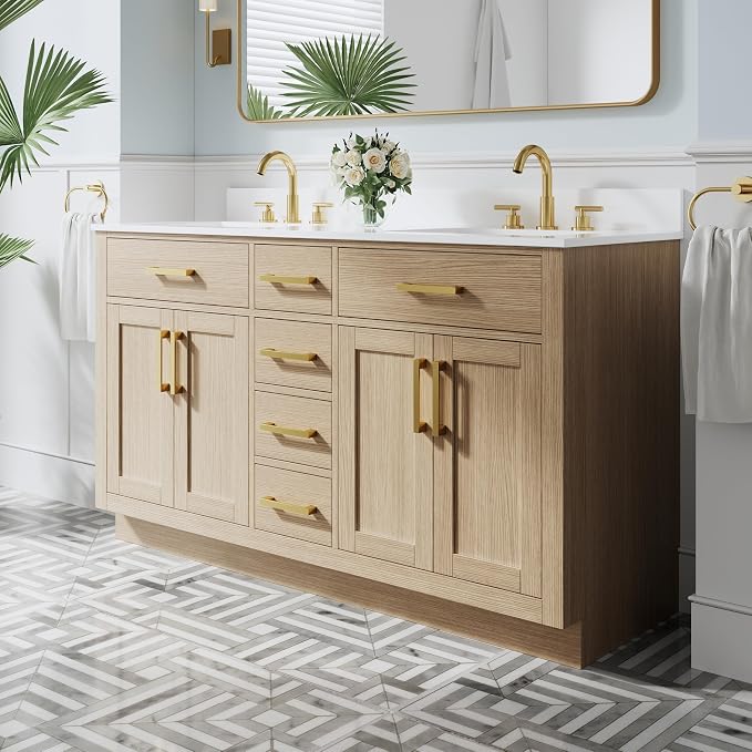 60-Inch Bathroom Vanity with Double Sinks W/ 4 Doors & 4 Drawers & 2 Flip Drawers, Oak Vanity W/Brushed Gold Handles