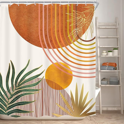 Mid Century Orange Boho Abstract Modern S Bathroom Shower Curtain Set | 60Wx72L Plant Botanical design, waterproof HD print with fast-drying fabric and 12 hooks.