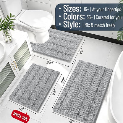 Smiry Thick Chenille Bathroom Rugs 30x20, Absorbent Bath Mat, Light Grey | Quick‑Dry & Machine Washable, Non‑Slip Bath Carpet, Soft Striped Bath Rugs for Tub & Shower, Modern Home Decor Accessories