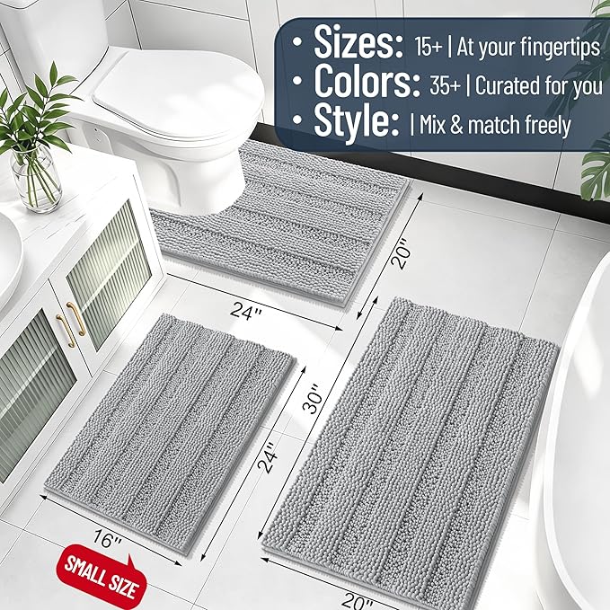 Smiry Thick Chenille Bathroom Runner Rugs 47x24, Soft Bath Mat, Light Grey | Quick‑Dry & Machine Washable, Non‑Slip Bath Carpet, Striped Bath Rugs for Tub & Shower, Modern Home Decor Accessories