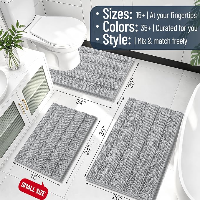 Smiry Thick Chenille Bathroom Runner Rugs 59x20, Soft Bath Mat, Light Grey | Quick‑Dry & Machine Washable, Non‑Slip Bath Carpet, Striped Bath Rugs for Tub & Shower, Modern Home Decor Accessories