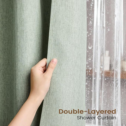BTTN 72x90 Long 3 in 1 Linen Texture Shower Curtain with Liner, Sage Green | Extra Long, 230GSM Heavy Duty Polyester, Waterproof Clear Liner, Weighted Hem, 12 Plastic Hook, Hotel Style, Machine Washable