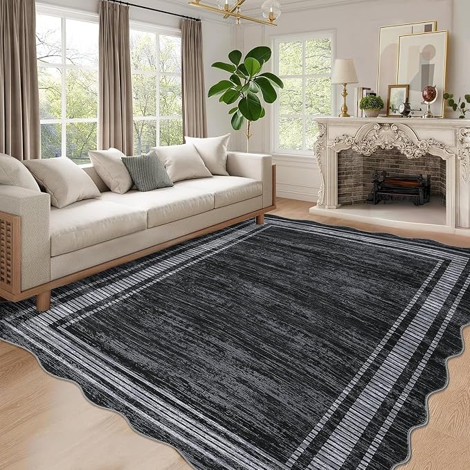 Garvee Black 8x10 Rug Solid Scalloped Washable Rugs for Living Room | Non-Slip Soft Carpet for Bedroom, Scalloped Low-Pile Solid Print Accent Rug for Dining Room Home Office, Black
