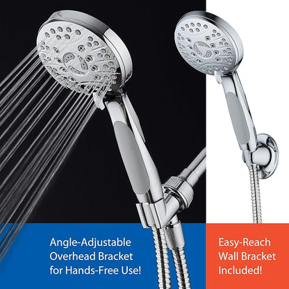 High Pressure 6-setting Luxury Handheld Shower Head – Extra Long 6 Foot Stainless Steel Hose – Anti Clog Jets – Anti Slip Grip – Top US Brand – Includes Extra Wall Bracket – Chrome Finish