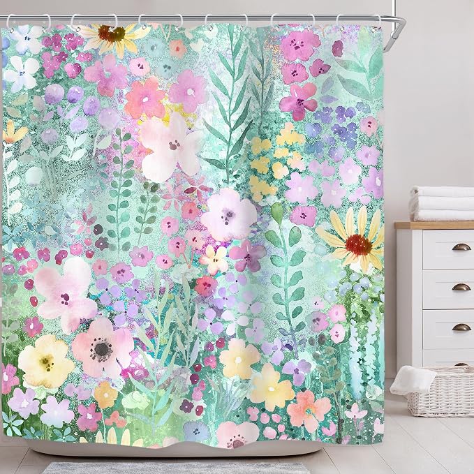 Teal Floral Cute Wildflower Watercolor Boho Art Bathroom Shower Curtain Set | 72"W x 72"H Leaves Botanical; waterproof HD print, quick-dry fabric with 12 hooks for easy hanging.