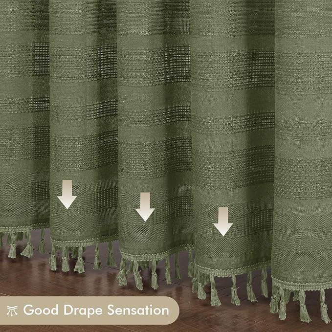 Extra Long Sage Green Shower Curtain 96 Inch Long, Boho Linen Textured Soft Fabric Heavy Duty Cloth Bathroom Shower Curtain with Tassel, Tall Farmhouse Luxury Bath Decor, 72Wx96L Inches