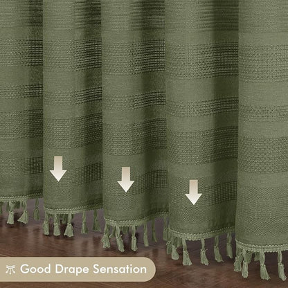 Extra Long Sage Green Shower Curtain 96 Inch Long, Boho Linen Textured Soft Fabric Heavy Duty Cloth Bathroom Shower Curtain with Tassel, Tall Farmhouse Luxury Bath Decor, 72Wx96L Inches