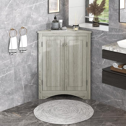 Corner Storage Cabinet with Two Doors for Bathroom, Living Room or Kitchen, Adjustable Shelf, Freestanding Floor Space Saver, Oak