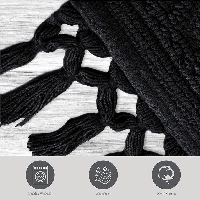Jean Pierre - Ricardo Bath Mat, Woven Fringe Bathroom Rugs, 100% Cotton, Premium Bathroom Decor - Measures 17" x 31" - Black